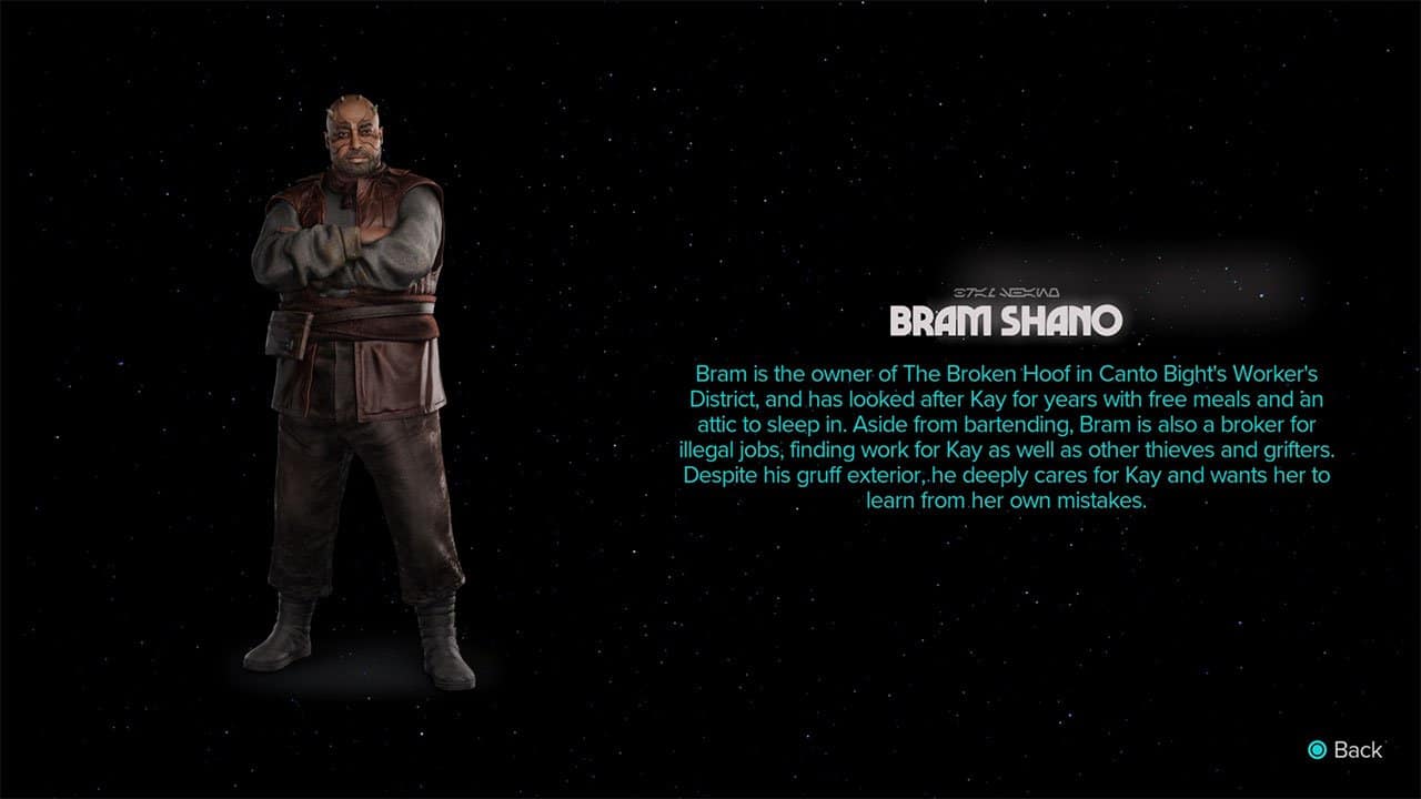 An image showing a picture of the character Bram Shano as well as a written biography of the character