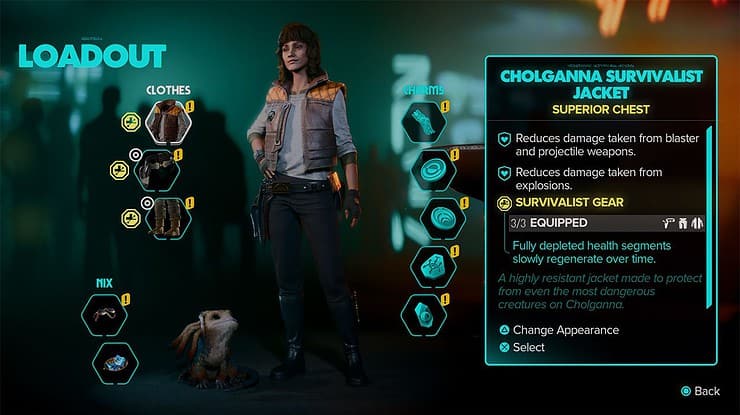 An image showing a character equipped with all 3 pieces of the Cholgana Variation of the Survivalist set