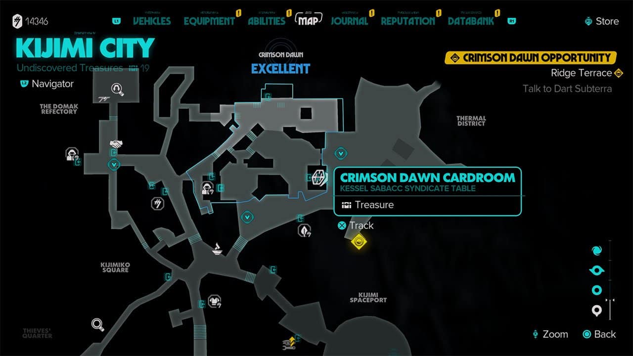 A map showing where to find the Crimson Dawn Table In Kijimi City so players know where to go