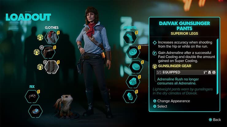 An image showing a character equipped with all 3 pieces of the Daivak Variation of the Gunslinger set