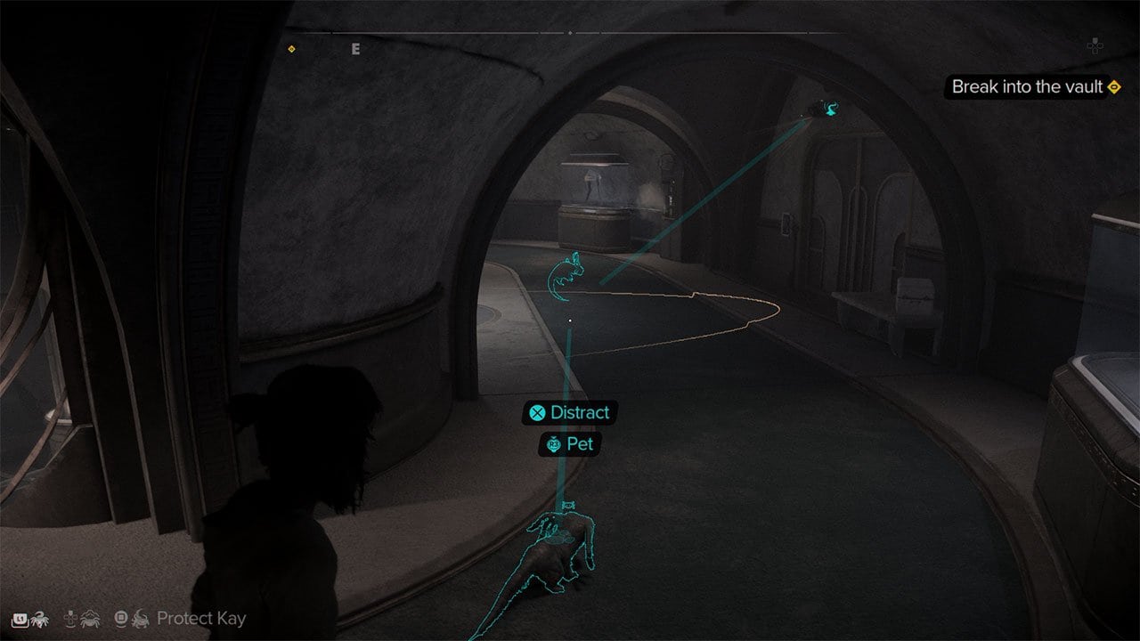 An image showing the main character of Star Wars Outlaws, Kay, using her companion Nix to distract a camera