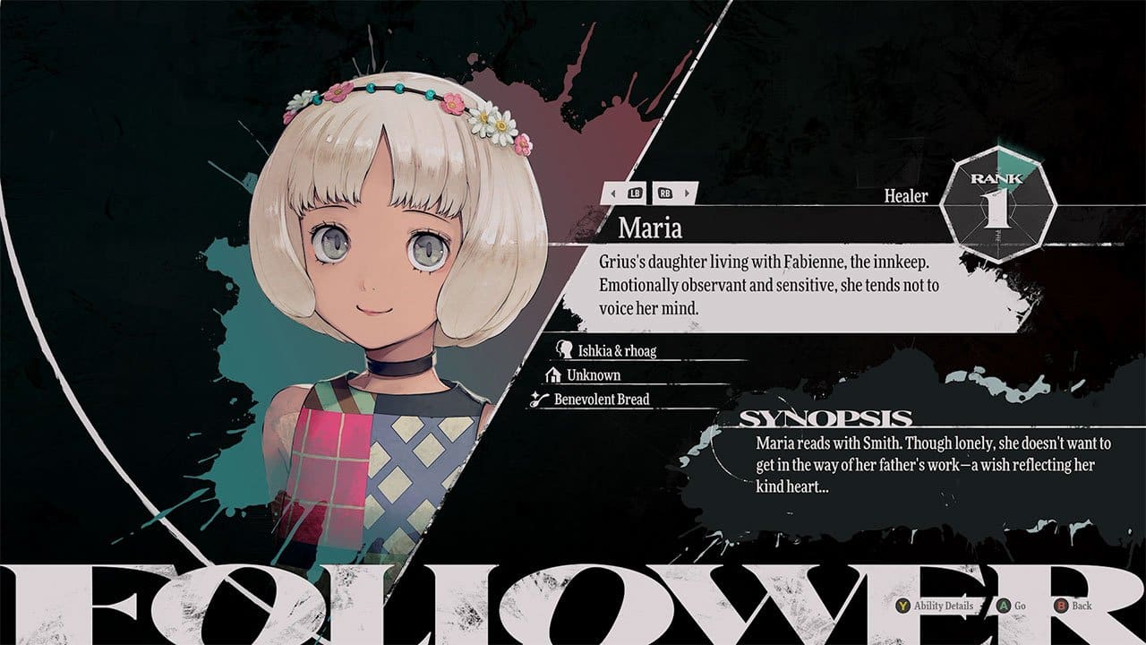 An image showing the stats and abilities of the Follower Maria