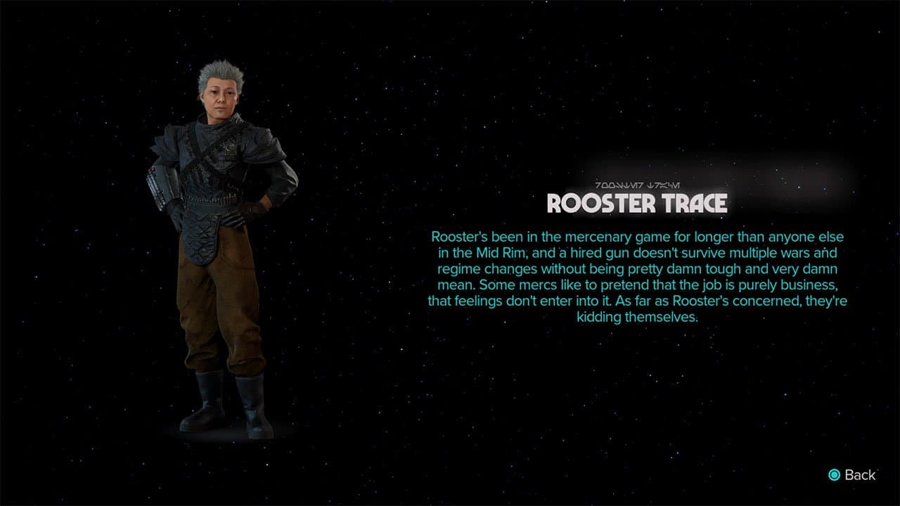 An image showing the appearance and biography of the Expert Rooster Trace The Mercenary