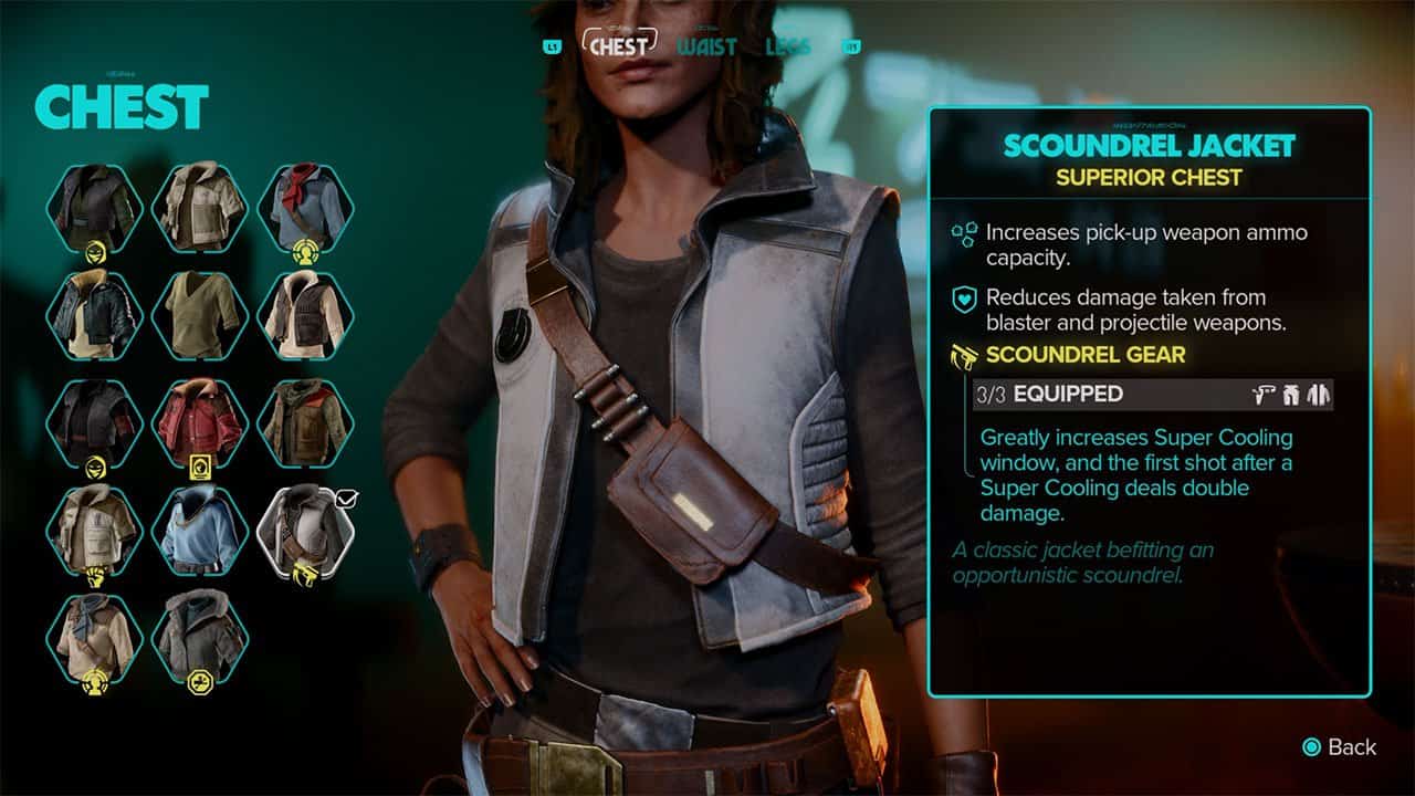 An image showing the stats, bonuses, and appearance of the Scoundrel Jacket item