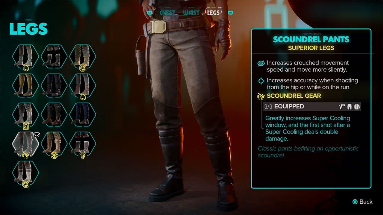 An image showing the stats, bonuses, and appearance of the Scoundrel Pants