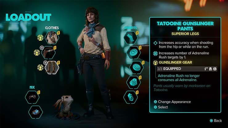 An image showing a character equipped with all 3 pieces of the Tatooine Variation of the Gunslinger set