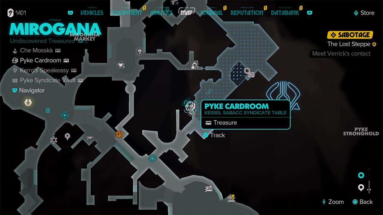 A map showing the location for players to complete the objective Win at the Pyke Syndicate Table in Mirogana on Toshara